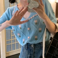 Floral Knit Embroidery Short Sleeve Top - Thumbnail 4