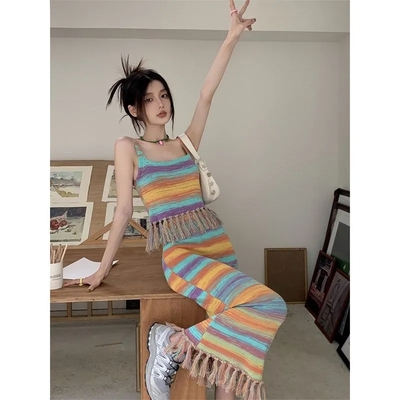 Rainbow stripe tassel tank top + maxi skirt - Thumbnail 2
