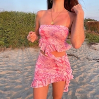 2PCS Pink Irregular Strapless Tube Top + Ruffled Mini Skirt  - Thumbnail 1