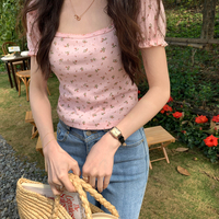 Pink Floral Puff Sleeve Square Collar Top - Thumbnail 2