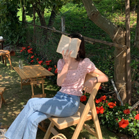 Pink Floral Puff Sleeve Square Collar Top - Thumbnail 6