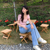 Pink Floral Puff Sleeve Square Collar Top - Thumbnail 9