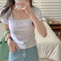 White Puff Sleeve Square Collar Top - Thumbnail 2