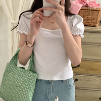 White Puff Sleeve Square Collar Top - Thumbnail 1