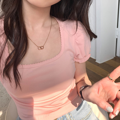 Pink puff sleeve square collar top - Thumbnail 2