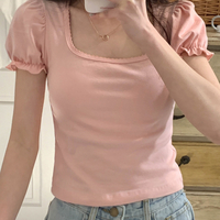 Pink Puff Sleeve Square Collar Top - Thumbnail 1