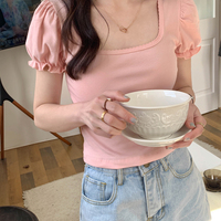 Pink Puff Sleeve Square Collar Top - Thumbnail 5
