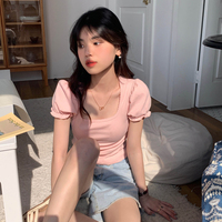 Pink Puff Sleeve Square Collar Top - Thumbnail 6