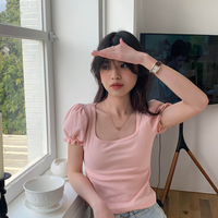 Pink Puff Sleeve Square Collar Top - Thumbnail 7