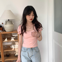Pink Puff Sleeve Square Collar Top - Thumbnail 9