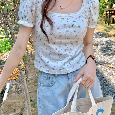 White floral puff sleeve square collar top - Thumbnail 2