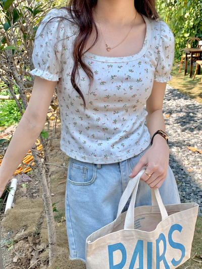 White Floral Puff Sleeve Square Collar Top