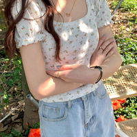 White Floral Puff Sleeve Square Collar Top - Thumbnail 1