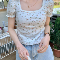 White Floral Puff Sleeve Square Collar Top - Thumbnail 5