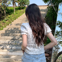 White Floral Puff Sleeve Square Collar Top - Thumbnail 8