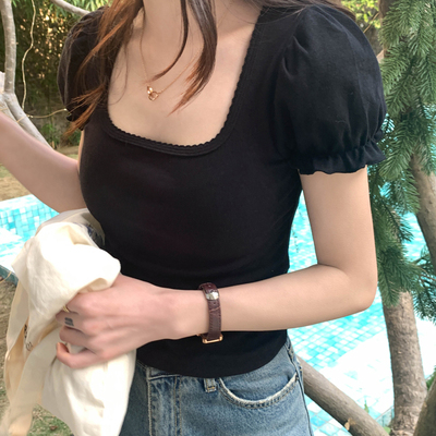 Black puff sleeve square collar top - Thumbnail 3