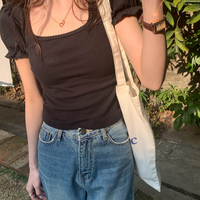 Black Puff Sleeve Square Collar Top - Thumbnail 3