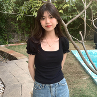 Black Puff Sleeve Square Collar Top - Thumbnail 5