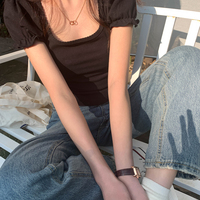 Black Puff Sleeve Square Collar Top - Thumbnail 6