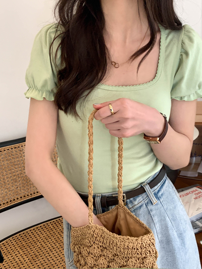 Green Puff Sleeve Square Collar Top