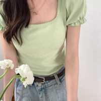 Green Puff Sleeve Square Collar Top - Thumbnail 1