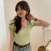 Green Puff Sleeve Square Collar Top - Thumbnail 2