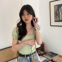 Green Puff Sleeve Square Collar Top - Thumbnail 3