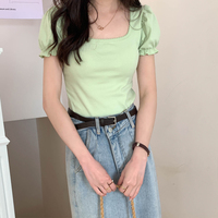 Green Puff Sleeve Square Collar Top - Thumbnail 5