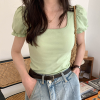 Green Puff Sleeve Square Collar Top - Thumbnail 7