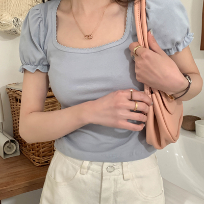 Blue puff sleeve square collar top - Thumbnail 3