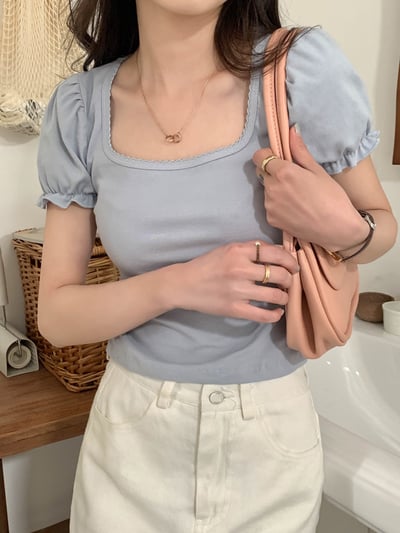 Blue Puff Sleeve Square Collar Top
