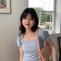 Blue Puff Sleeve Square Collar Top - Thumbnail 4