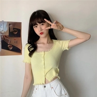 Yellow Lace Knit Short Sleeve Top - Thumbnail 1