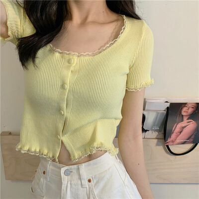 Yellow Lace Knit Short Sleeve Top