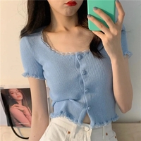 Yellow Lace Knit Short Sleeve Top - Thumbnail 2