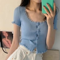 Yellow Lace Knit Short Sleeve Top - Thumbnail 3