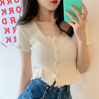 Yellow Lace Knit Short Sleeve Top - Thumbnail 6