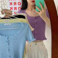 Yellow Lace Knit Short Sleeve Top - Thumbnail 8