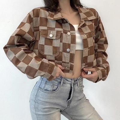 Brown Checkboard Cropped Denim Jacket