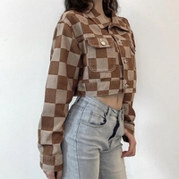 Brown Checkboard Cropped Denim Jacket - Thumbnail 2