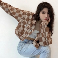 Brown Checkboard Cropped Denim Jacket - Thumbnail 3