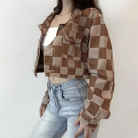 Brown Checkboard Cropped Denim Jacket - Thumbnail 4