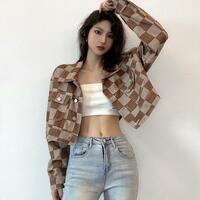Brown Checkboard Cropped Denim Jacket - Thumbnail 5