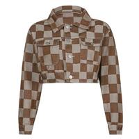 Brown Checkboard Cropped Denim Jacket - Thumbnail 8