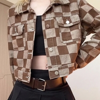 Brown Checkboard Cropped Denim Jacket - Thumbnail 6