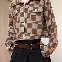 Brown Checkboard Cropped Denim Jacket - Thumbnail 7