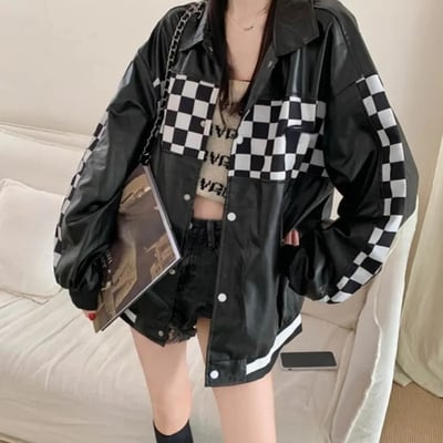 Black pu leather checkboard loose jacket