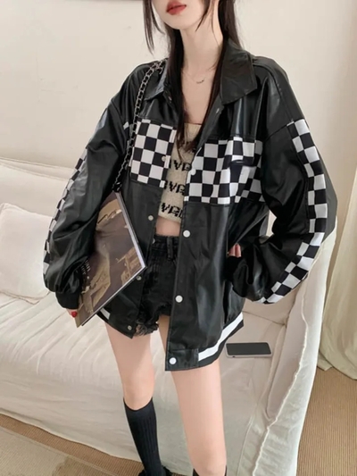 Black PU Leather Checkboard Loose Jacket