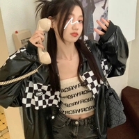 Black PU Leather Checkboard Loose Jacket - Thumbnail 1