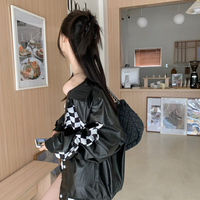 Black PU Leather Checkboard Loose Jacket - Thumbnail 3